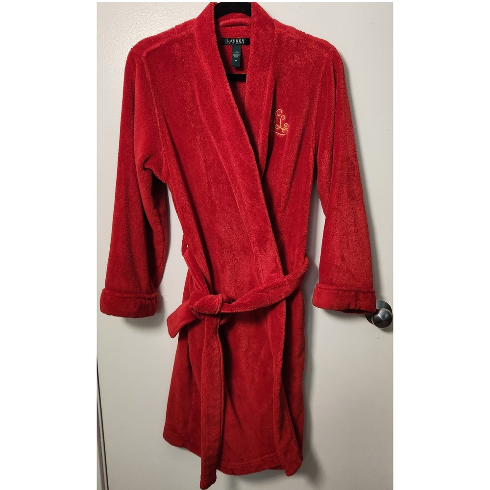 Lauren Ralph Lauren Red Womens Fleece Robe Gold Embroidered Monogram Belt Pocket